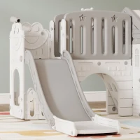 Qaba 7-in-1 Toddler Slide, Kids Slide Climber Playset with Playhouse and Basketball Hoop for 1-4 Years, Grey(m-10)