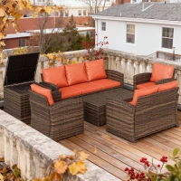 Outsunny 6 Pieces Wicker Patio Furniture Set with Cushions, 7-Seater Rattan Patio Sofa Set with Storage Table, Orange(m-1)