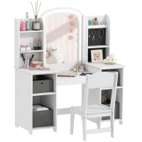 Qaba Kids Vanity Table and Chair, Toddler Dressing Table and Chair Set with Lighted Mirror for Little Girls, White(m-11)