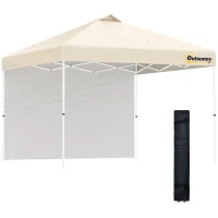 Outsunny 10' x 10' Pop-Up Canopy Tent with 1 Removable Sidewall, Commercial Instant Sun Shelter, Tents for Parties with Wheeled Carry Bag for Outdoor, Garden, Patio, Beige(m-1)