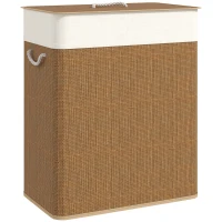 HOMCOM Double Laundry Basket with Lid, 100L Bamboo Laundry Hamper with Rope Handles and Removable Bags, Brown(m-11)