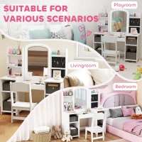 Qaba Kids Vanity Table and Chair, Toddler Dressing Table and Chair Set with Lighted Mirror for Little Girls, White(m-9)