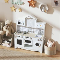 Qaba Pretend Play Kitchen for Kids, Pretend Kids Kitchen Playset with Switch Knob Sound, Clock, for Ages 3-6 Years, White(m-8)