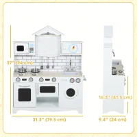 Qaba Pretend Play Kitchen for Kids, Pretend Kids Kitchen Playset with Switch Knob Sound, Clock, for Ages 3-6 Years, White(m-3)