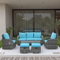 Outsunny 6 Pieces Patio Furniture Set, Conversation Set Wicker Sectional Set Cushioned Outdoor Rattan 3-Seat Sofa, 2 Adjustable Recliners, 2 Footstools & Table Set for Lawn Garden Backyard, Sky Blue(m-8)