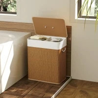 HOMCOM Double Laundry Basket with Lid, 100L Bamboo Laundry Hamper with Rope Handles and Removable Bags, Brown(m-9)