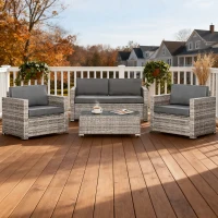 Outsunny 4 Pieces Patio Wicker Sofa Set, Outdoor PE Rattan Extra Wide Seat Conversation Furniture w/ Tempered Glass Table-top & Thick Padded Cushion for Garden, Backyard, Lawn, Mixed Grey(m-1)