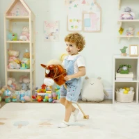 Qaba Unicorn Stick Horse, Plush Hobby Horse with Wood Wheels, Real Pony Neighing and Galloping Sounds, for Kids, Brown(m-8)