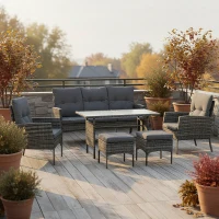 Outsunny 6 Piece Patio Furniture Set with Patio Chairs, Ottomans, Sofa, Glass Top Table and Cushions, Wicker Rattan Outdoor Furniture Set for Backyard, Porch, Grey(m-1)