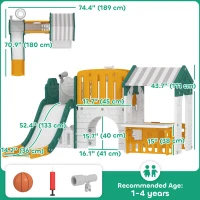 Qaba 7-in-1 Toddler Slide, Kids Slide Climber Playset with Playhouse and Basketball Hoop for 1-4 Years, Yellow(m-3)