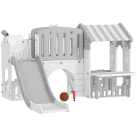 Qaba 7-in-1 Toddler Slide, Kids Slide Climber Playset with Playhouse and Basketball Hoop for 1-4 Years, Grey(m-11)
