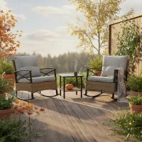 Outsunny 3 Pcs Outdoor PE Rattan Rocking Chair Set, Bistro Set with Two-tier Table, Padded Cushions for Garden, Grey(m-1)