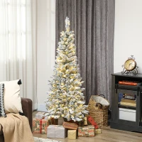 HOMCOM 5ft Flocked Christmas Tree with Dual Colour LED Light, Pencil Hinged Xmas Tree with 11 Light Modes, Easy Assembly(m-8)