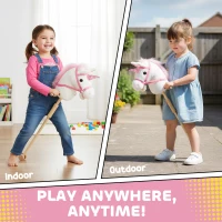 Qaba Unicorn Stick Horse, Plush Hobby Horse with Wood Wheels, Real Pony Neighing and Galloping Sounds, for Kids, White(m-6)