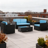 Outsunny 4 Pieces Wicker Patio Furniture Set with Thick Cushions, Outdoor PE Rattan Conversation Sofa Set with Glass Top Table & Extra Wide Seat, Sky Blue(m-1)