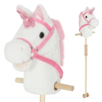 Qaba Unicorn Stick Horse, Plush Hobby Horse with Wood Wheels, Real Pony Neighing and Galloping Sounds, for Kids, White(m-2)