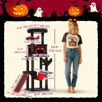 PawHut Gothic Cat Tree, 60" Tall Cat Tower with Coffin Bed,  Sisal Scratching Posts & Ramp, Condo, Hammock, Perches, Black(m-3)