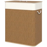 HOMCOM Double Laundry Basket with Lid, 100L Bamboo Laundry Hamper with Rope Handles and Removable Bags, Brown(m-2)