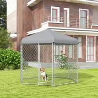PawHut 9.2' x 8' x 7.7' Outdoor Dog Kennel Dog Run with Waterproof, UV Resistant Cover for Medium Large Sized Dogs, Silver(m-1)