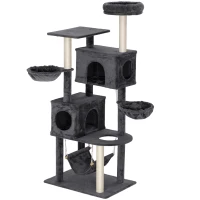 PawHut 66 Inch Large Cat Tree with 2 Door Condos, 3 Big Hammocks, Plush Top Perch, Sisal Scratching Posts, Dark Grey(m-2)