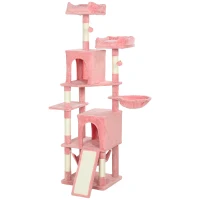 PawHut Cat Tree, 70" Multi-Level Cat Tower with 2 Condos, 2 Perches, Hammock, Toy Balls, Scratching Posts and Board, Pink(m-2)