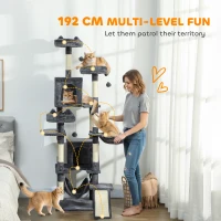 PawHut 76" Large Cat Tree for Indoor Cats with 8 Scratching Posts, 3 Plush Beds, 2 Hammocks, 2 Large Condos, Ramp, Dark Grey(m-4)