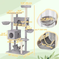 PawHut 66 Inch Large Cat Tree with 2 Door Condos, 3 Big Hammocks, Plush Top Perch, Sisal Scratching Posts, Light Grey(m-3)