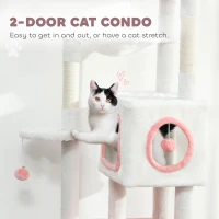 PawHut 65 Inch Cat Tree with 2 Doors Condos, Plush Top Perch, Hammock, Sisal Scratching Posts, 4 Pompoms, Ramp, White(m-5)