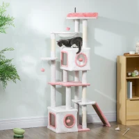 PawHut 65 Inch Cat Tree with 2 Doors Condos, Plush Top Perch, Hammock, Sisal Scratching Posts, 4 Pompoms, Ramp, White(m-8)