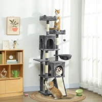 PawHut Cat Tree, 70" Multi-Level Cat Tower with 2 Condos, 2 Perches, Hammock, Toy Balls, Scratching Posts and Board, Dark Grey(m-1)