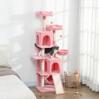 PawHut Cat Tree, 70" Multi-Level Cat Tower with 2 Condos, 2 Perches, Hammock, Toy Balls, Scratching Posts and Board, Pink(m-1)