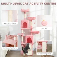 PawHut Cat Tree, 70" Multi-Level Cat Tower with 2 Condos, 2 Perches, Hammock, Toy Balls, Scratching Posts and Board, Pink(m-4)