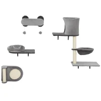 PawHut 4Pcs Cat Wall Shelves with Scratching Post & Pad, Condo, Hammock, Bed, Step, Hanging Pompoms, Perches(m-2)