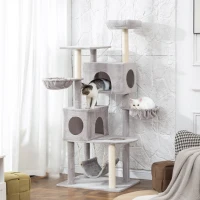 PawHut 66 Inch Large Cat Tree with 2 Door Condos, 3 Big Hammocks, Plush Top Perch, Sisal Scratching Posts, Light Grey(m-8)