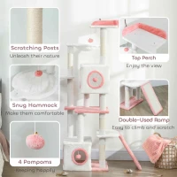 PawHut 65 Inch Cat Tree with 2 Doors Condos, Plush Top Perch, Hammock, Sisal Scratching Posts, 4 Pompoms, Ramp, White(m-6)
