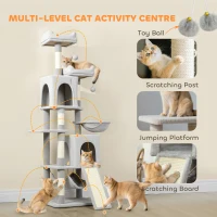 PawHut Cat Tree, 70" Multi-Level Cat Tower with 2 Condos, 2 Beds, Hammock, Toy Balls, Scratching Posts and Board, Light Grey(m-4)