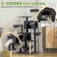 PawHut 66 Inch Large Cat Tree with 2 Door Condos, 3 Big Hammocks, Plush Top Perch, Sisal Scratching Posts, Dark Grey(m-5)