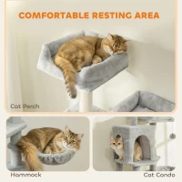 PawHut Cat Tree, 70" Multi-Level Cat Tower with 2 Condos, 2 Beds, Hammock, Toy Balls, Scratching Posts and Board, Light Grey(m-5)