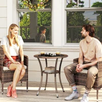 Outsunny Outdoor Rattan Dining Table, Patio Wicker Round Coffee Table with 2-Tier Storage Shelf, Brown(m-8)