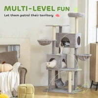 PawHut 66 Inch Large Cat Tree with 2 Door Condos, 3 Big Hammocks, Plush Top Perch, Sisal Scratching Posts, Light Grey(m-4)