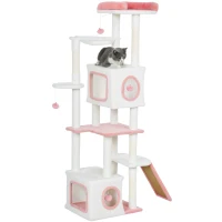 PawHut 65 Inch Cat Tree with 2 Doors Condos, Plush Top Perch, Hammock, Sisal Scratching Posts, 4 Pompoms, Ramp, White(m-11)