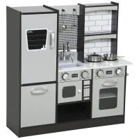 Qaba Play Kitchen for Kids, Pretend Kids Kitchen Playset with Switch Knob Sound, Accessories for Ages 3-8 Years, Dark Brown(m-2)