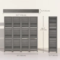 HOMCOM 4-Panel Wall Partition Room Separator with 3 Storage Shelves Foldable Design Wooden Frame 5.6FT Grey(m-3)
