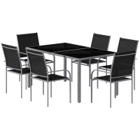Outsunny 7 Piece Outdoor Patio Dining Set with Table and 6 Stackable Chairs, Steel Frame, Tempered Glass Top, Mesh Seats, Black(m-2)