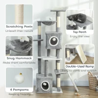 PawHut 65 Inch Cat Tree with 2 Doors Condos, Plush Top Perch, Hammock, Sisal Scratching Posts, 4 Pompoms, Ramp, Grey(m-6)