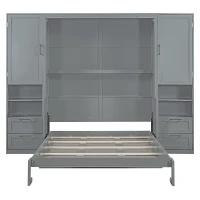Modern Queen Size Murphy Bed with Closet, Drawers and Shelves, Space-saving Wall Bed with Integrated Storage, 114" L x 17" W x 87" H, Grey(m-2)