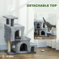 PawHut 4-Step Pet Stairs, Adjustable Height Cat Stairs with Scratching Posts Cat Condo, Hanging Ball for High Bed, Grey(m-4)