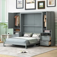 Modern Queen Size Murphy Bed with Closet, Drawers and Shelves, Space-saving Wall Bed with Integrated Storage, 114" L x 17" W x 87" H, Grey(m-1)