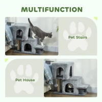 PawHut 4-Step Pet Stairs, Adjustable Height Cat Stairs with Scratching Posts Cat Condo, Hanging Ball for High Bed, Grey(m-5)