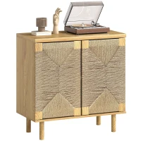 HOMCOM Handwoven Rope Accent Cabinet Boho Sideboard Buffet Cabinet with Push to Open Doors Adjustable Shelf Pine Wood Legs Oak(m-11)